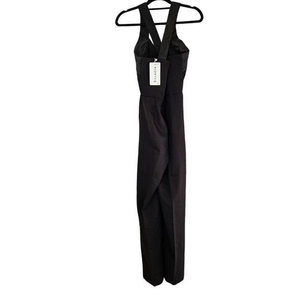 NWT Elagia Formal Black Cross Neck Satin Sleeveless Wide Leg Jumpsuit Romper L - Picture 9 of 16